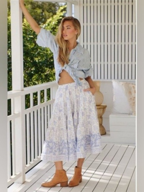 Free People Dresses & Skirts - Free People Full Swing Midi Skirt Blue Heron Printed Floral Cottagecore M